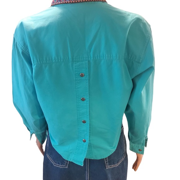 Vintage Nuovo Sz S Aztec Embellished Blue Cotton Cropped Button Up Shirt - Picture 5 of 13